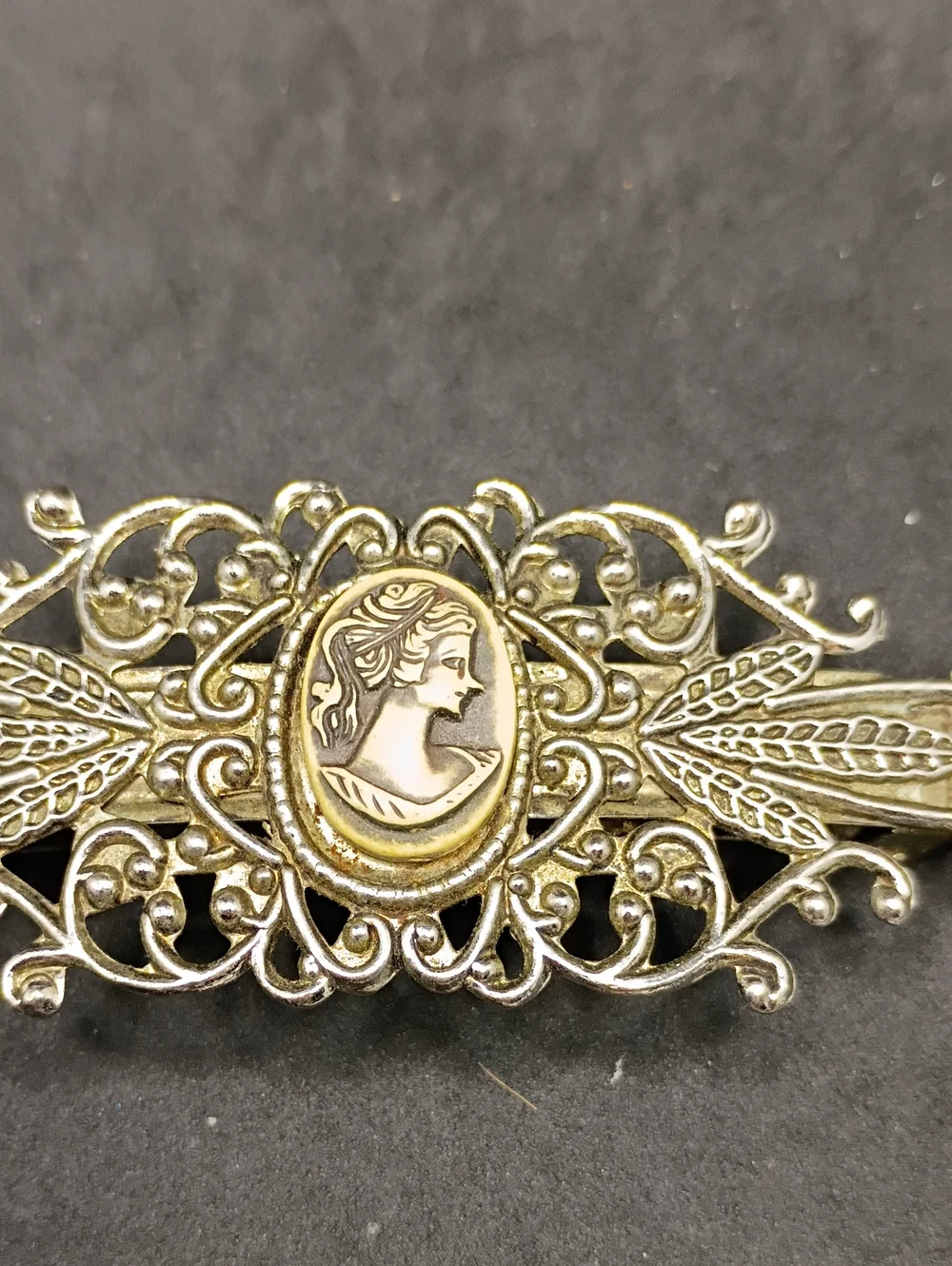 Vintage Silver Filigree Cameo Hair Barrette